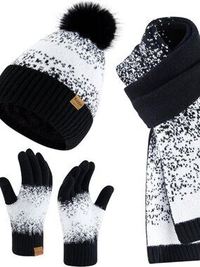 Womens Winter Beanie Hat Touchscreen Gloves Long Scarf 3 Set with Warm Fleece Li